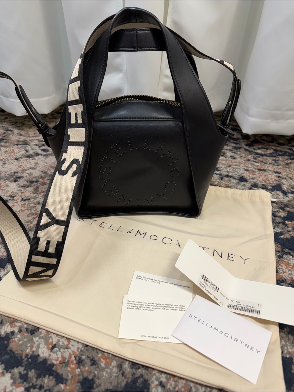 NWT Stella McCartney Black Vegan Leather Logo Crossbody Bag w/ Guitar Strap